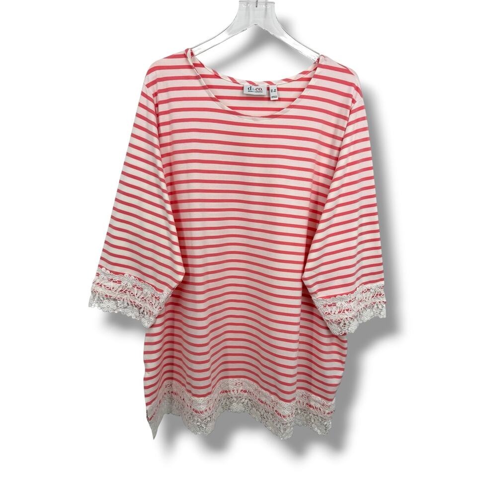 Denim & Co. blouse 3X lace trim stripe red white cotton tunic nautical beach